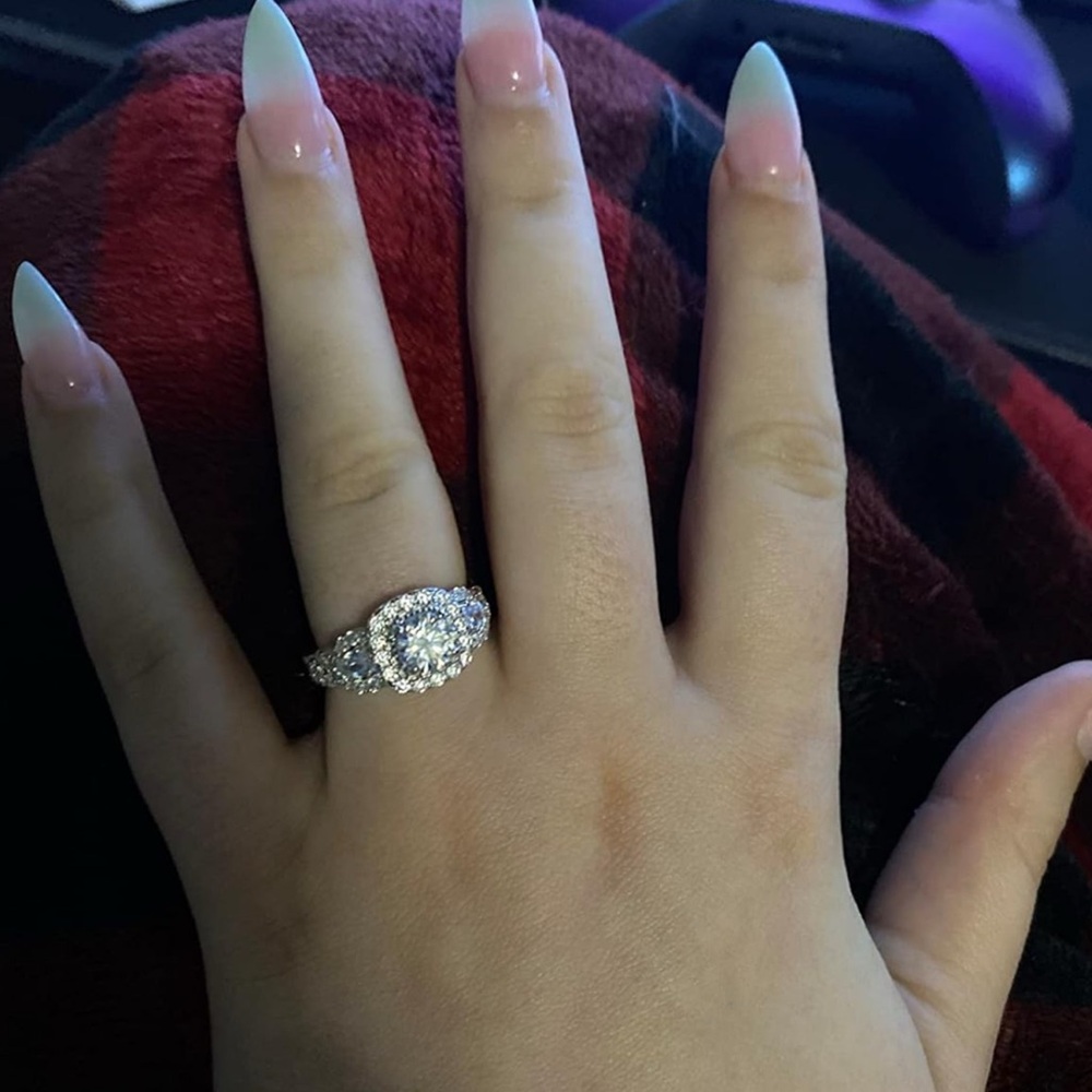 Silver Diamond Halo Engagement Ring Set Wedding - Picture 9 of 14